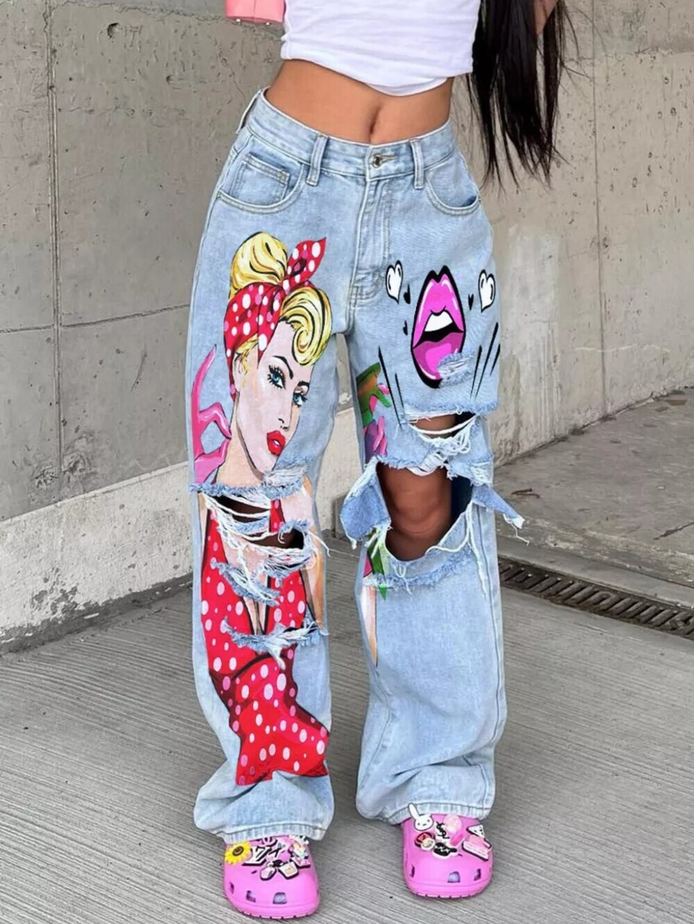 Full Size Art Print Distressed Wide-Leg Jeans Plus Size